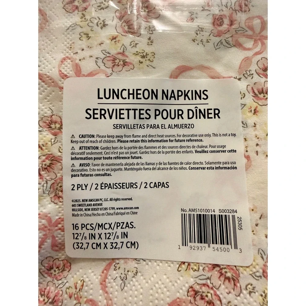 Amscan Luncheon Napkins Pink White New Floral Bows 2 Packs 32ct 2-Ply